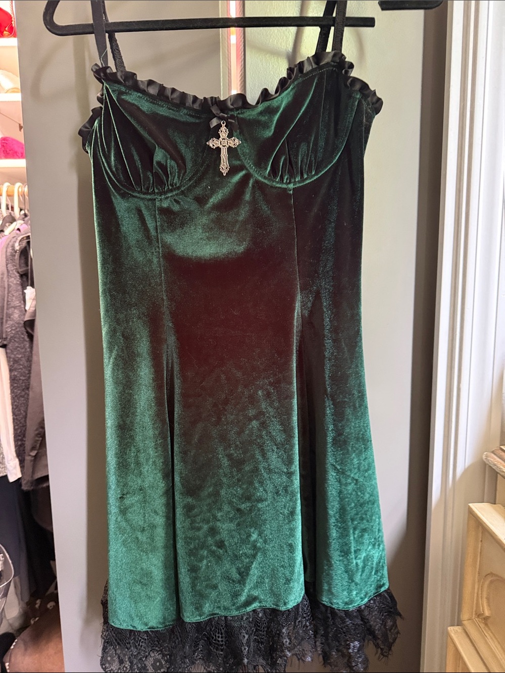 Dolls Kill Emerald Green Velvet Mini Dress with Black Lace Trim